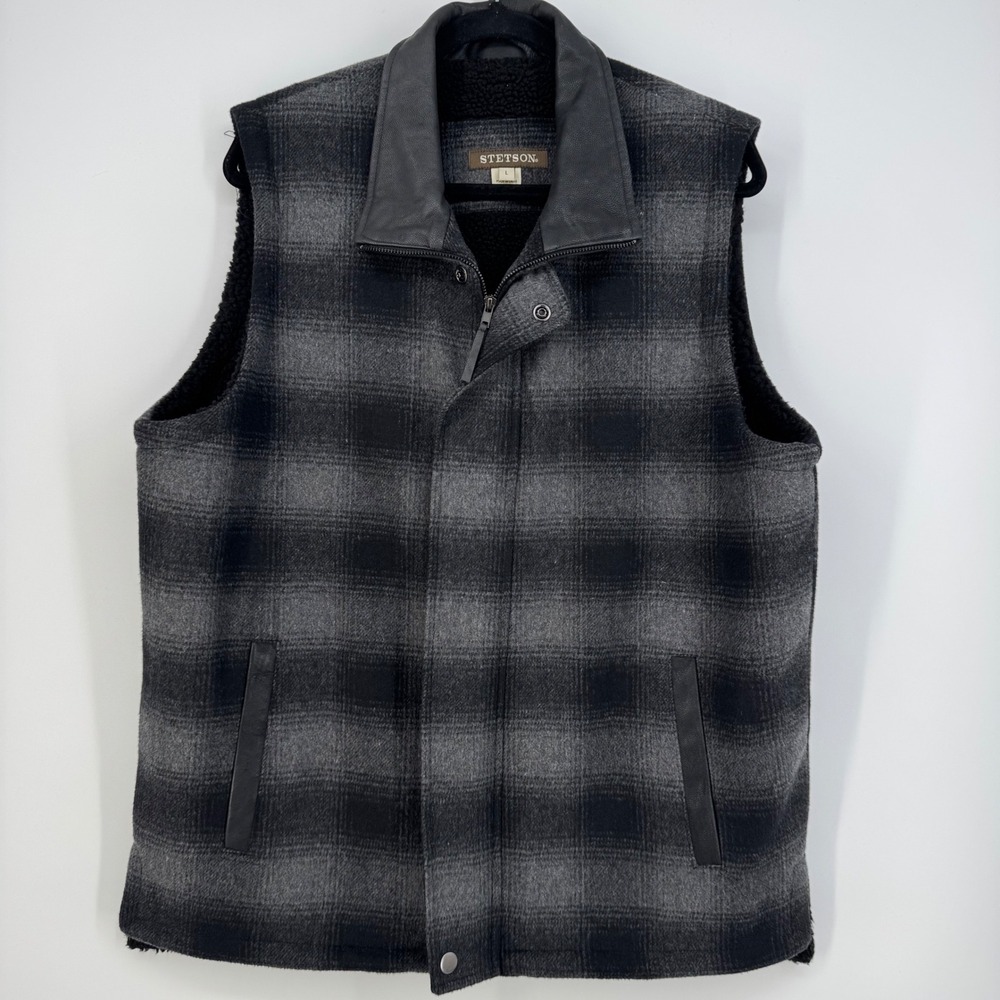 Stetson Men's Plaid Wool Blend Vest‎ Leather Trim Full Zip Sherpa Lined Size L